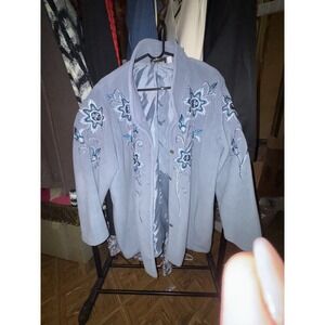 Light Gray Embroidered Fleece Jacket Blue Floral Snowflake Design